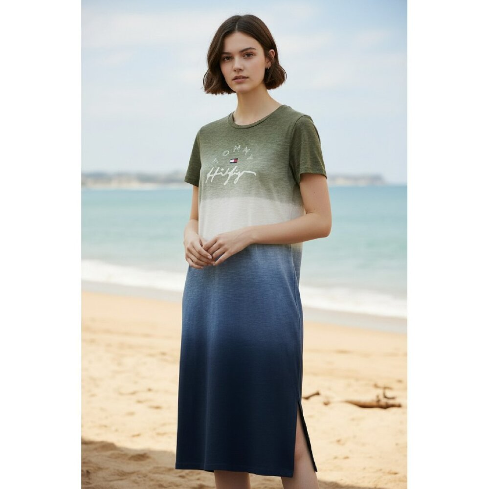 Tommy Hilfiger T-Shirt Maxi Dress Olive White Blue Ombre Cotton S/P NWT